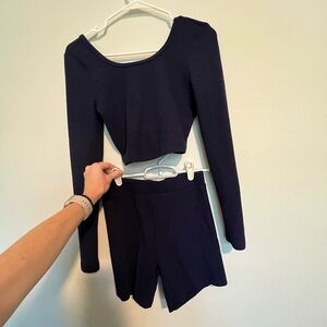 Navy Blue Long Sleeve Crop Top and Shorts Lounge Matching Set